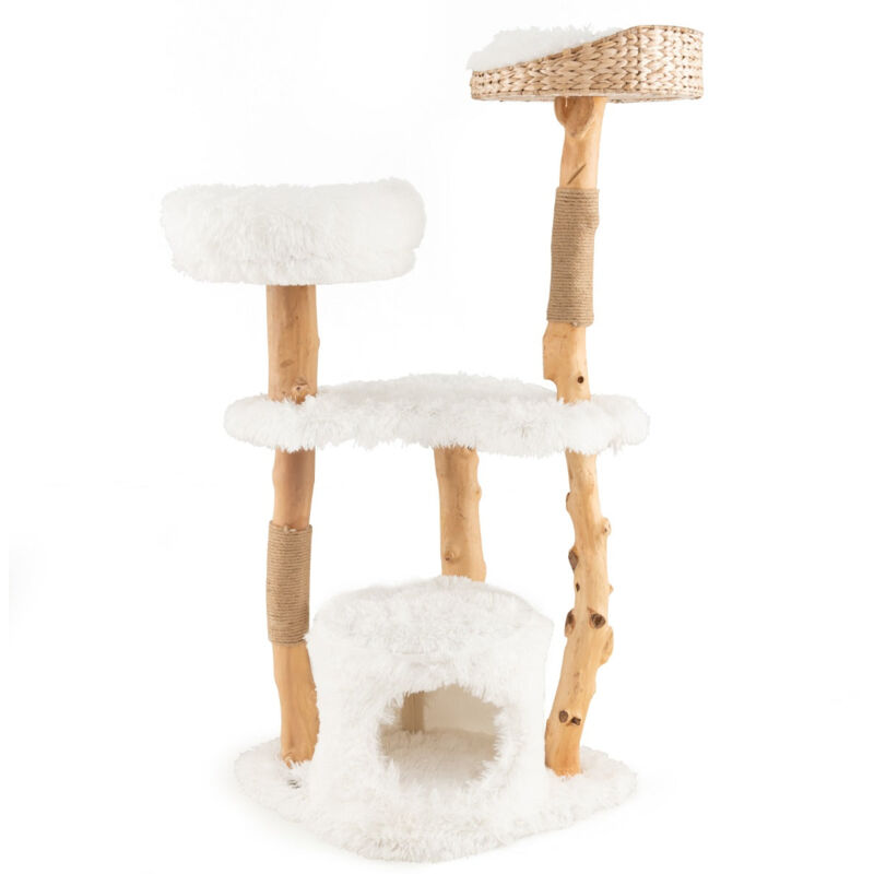 Arbre à chat en bois 124 cm avec perchoir supérieur en quenouilles et condo tour à chat avec coussin moelleux confortable blanc