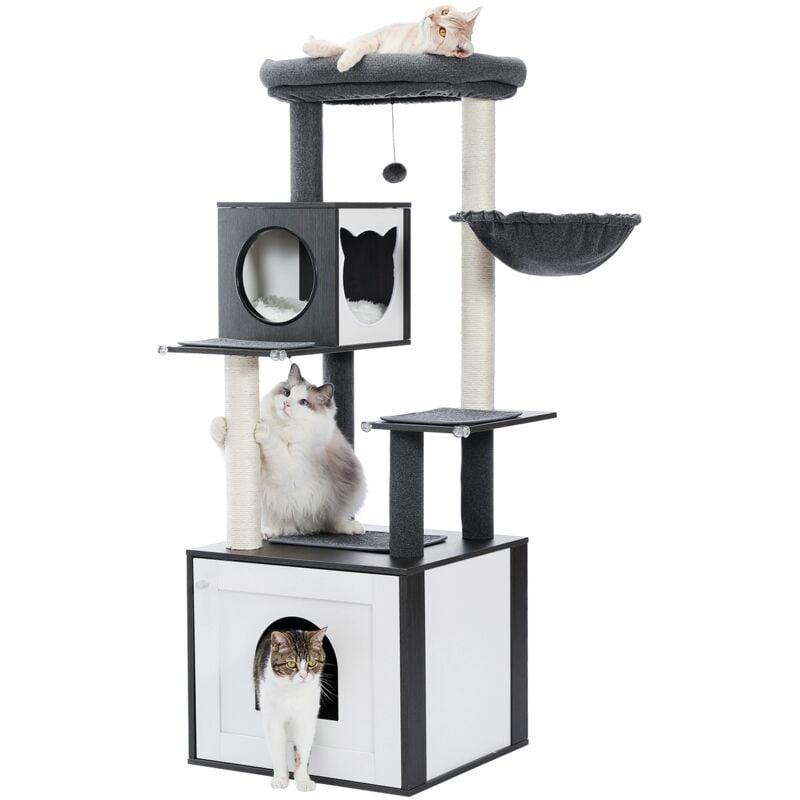 Grand Arbre à Chat en Bois, Cabinet de Toilette pour Chat, Bac à Litière, 150cm, Noir - Pawz Road