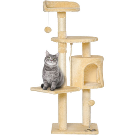 Arbre à Chat en Bois 4 Niveaux avec Cabane, Jouets et Cordes, 114 cm pour Chats