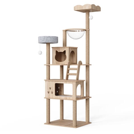 Arbre à chat en bois haudeur de 184 cm avec deux maisons pour chats et un griffoirs avec coussins en peluche amovibles et cabine spatiale transparente beige Mondeer