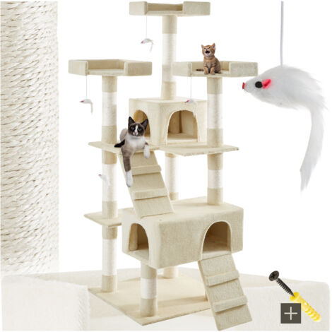 Tectake – Arbre à chat 170 cm avec 2 cabanes et 4 souris jouets – Matériaux peluche et sisal – Système anti-basculement inclus