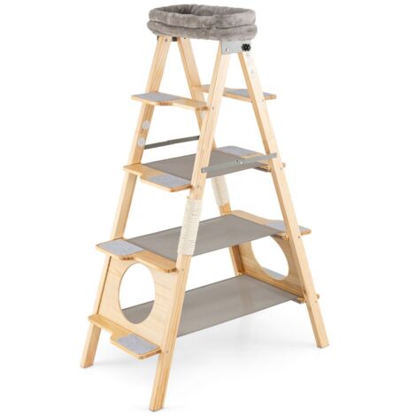 Arbre à Chat en Bois Meuble Pliable avec Échelle Tour Haute en Pin Massif à 5 Niveaux avec Perchoir Rembourré et Griffoir en Sisal Gris
