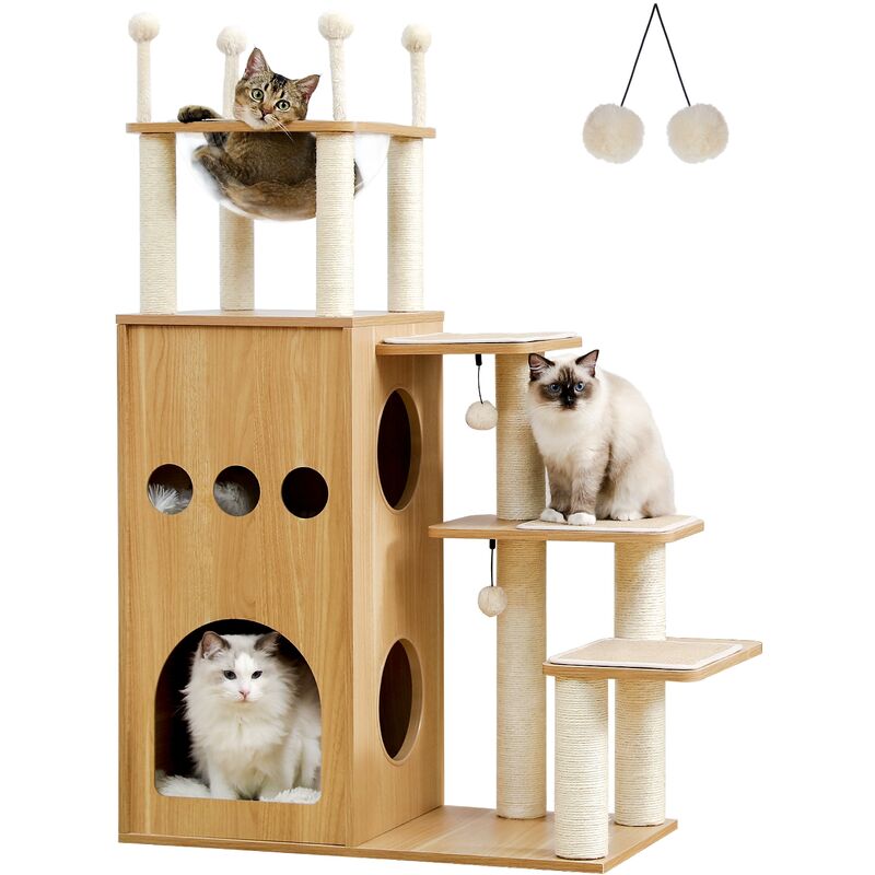 Arbre à Chat en Bois de 2 Etages avec Griffoirs, Capsules Acrylique et Pompon,108cm, Beige - Pawz Road