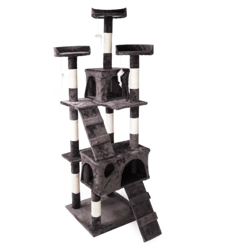Arbre à chat en gris 170 cm avec Plate-formes Niches et Échelles Griffoir Grattoir Escalade Toboggan