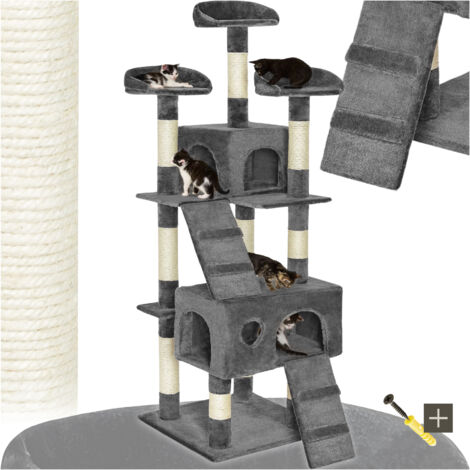 Tectake – Arbre à chat griffoir escalade 170 cm – Corde en sisal gris – 3 plateformes de vue – 2 maisons à chat pour repos confortable