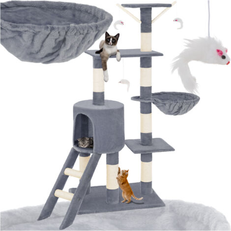 Tectake – Arbre à chat griffoir escalade 144 cm – Système anti-basculement – Tronc en sisal – 3 jouets souris inclus