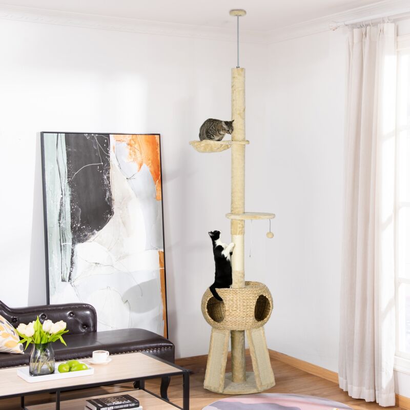 Arbre à chat en sisal 225-255 cm avec dispositif anti-basculement, couchage, grotte, hamac et rampe - pour chats jusqu'à 5 kg - Beige