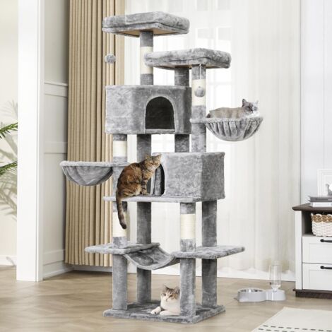 Arbre à chat géant 180 cm – 5 poteaux en sisal – 2 grandes plate-formes – 2 niches – 2 paniers – hamac en peluche – Montage au sol