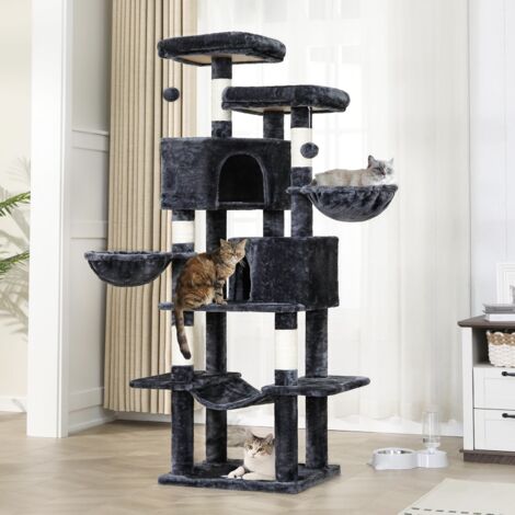 Arbre à chat géant 180 cm – 5 poteaux en sisal – 2 grandes plate-formes – 2 niches – 2 paniers – hamac – montage au sol – gris foncé