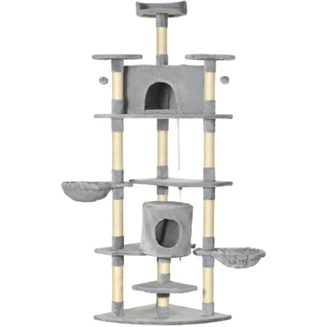 Arbre à chat géant gris 200cm, 6 plateformes, 2 maisons, griffoirs, grimpeur multi-équipements