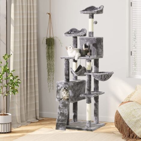 MSMASK Arbre à Chat, Grand condo Moderne pour grands Chats, Arbre à Chat de 175 cm avec griffoirs recouverts de sisal, Gris Clair