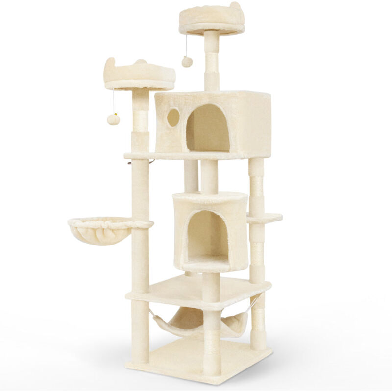Arbre à chat grande 168cm avec griffoir, 2 niches et 3 plateformes - Beige - Arbre à grimper pour chats