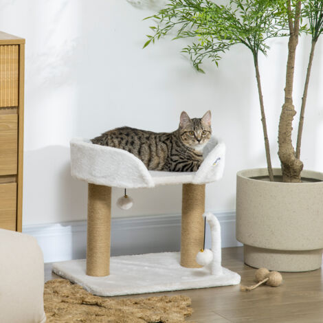 Arbre à chat grattoir design avec jeu 2 pompons suspendus 2 poteaux sisal plateforme peluche sisal 48 x 38 x 42 cm beige