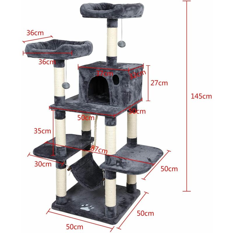 Arbre A Chat Griffe De Chat Cadre D Escalade De Chat Planche A Gratter Jouet Boule De Cheveux Suspendu Double Plateforme Hamac Hauteur 150cm Gris Ma Jj018