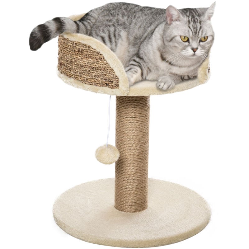 Arbre à chat griffoir 2 niveaux h. 49 cm - poteau sisal, plateforme observation, jeu de boule suspendue - jute polyester beige