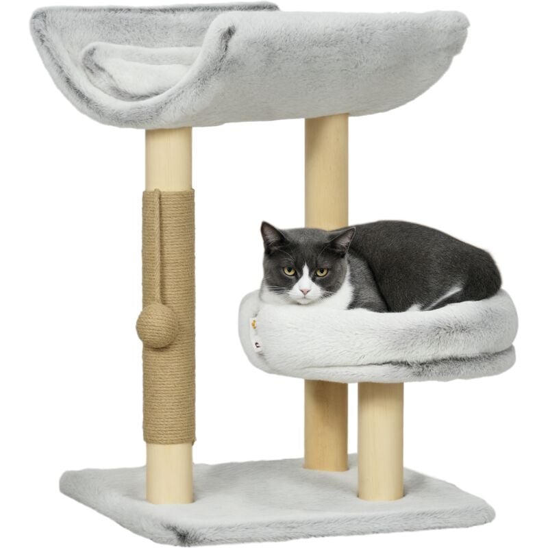 Arbre à chat griffoir chanvre naturel panier plateforme d'observation jeu boule suspendue bois panneaux peluche gris