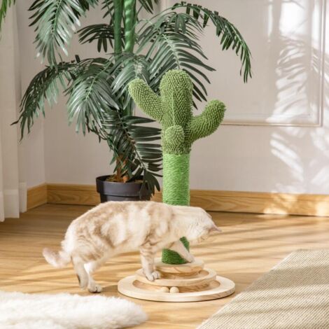 Arbre à chat griffoir forme de cactus en sisal naturel pompon suspendu et plateforme de jeu boules Ø 32 x 60 cm vert
