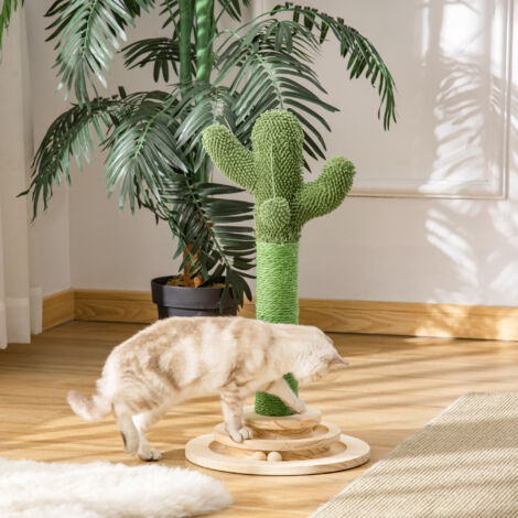 Arbre à chat griffoir forme de cactus en sisal naturel pompon suspendu et plateforme de jeu boules Ø 32 x 60 cm vert