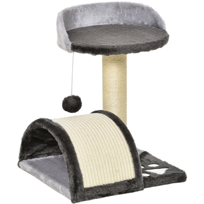 Arbre à chat griffoir grattoir design jeu boule suspendue + plateforme peluche sisal naturel gris