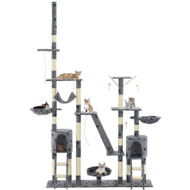 Arbre à chat griffoir grattoir niche jouet animaux peluché 230-250 cm empreintes de pattes gris