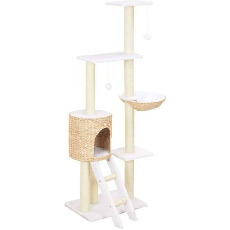 Arbre à chat griffoir grattoir niche jouet animaux peluché en sisal herbiers marins beige