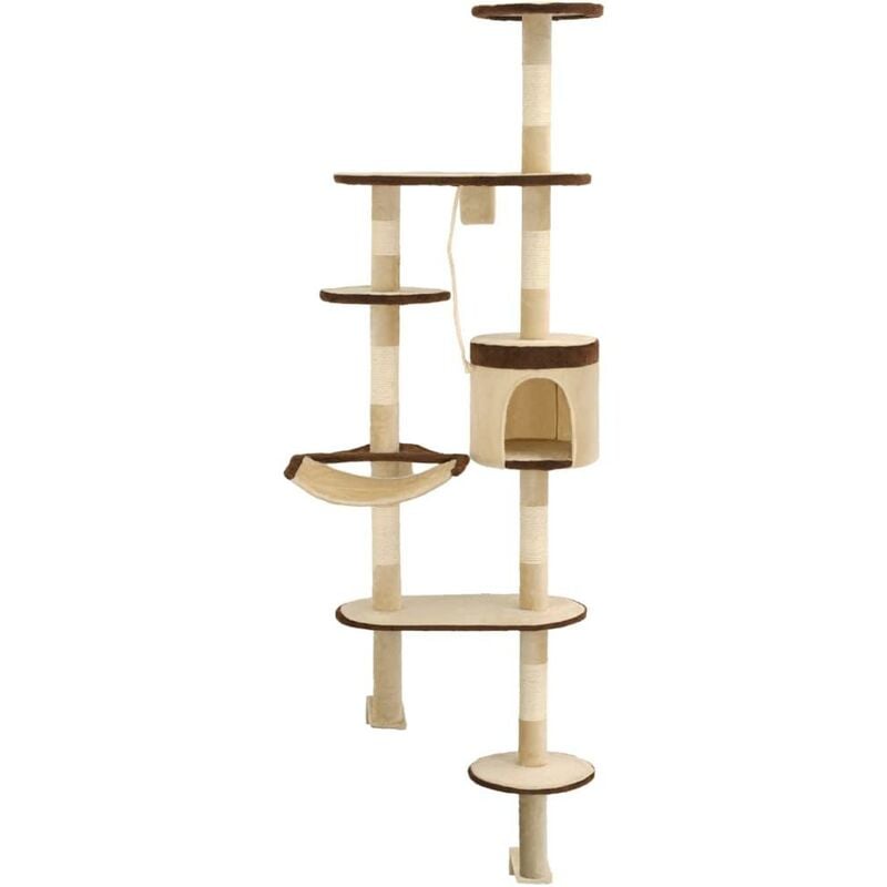 Arbre à chat griffoir grattoir niche jouet animaux peluché en sisal montage mural 194 cm beige et marron