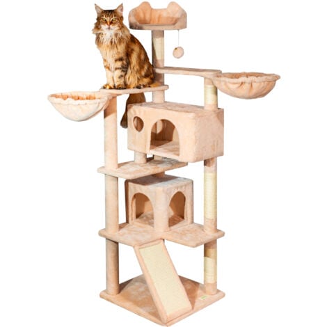 Arbre a chat, Griffoir pour chat, 1 Perchoir, 2 Niches, 1 Hamac, Balles, Colonnes en Sisal, Peluche, Multi-niveaux Tour, Hauteur 165 cm, beige, PAITSY