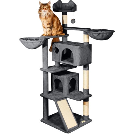 Arbre a chat, Griffoir pour chat, Perchoir, Niches, Hamac, Balles, Colonnes en Sisal, Peluche, Multi-niveaux Tour, Hauteur 165 cm, gris foncé, PAITSY