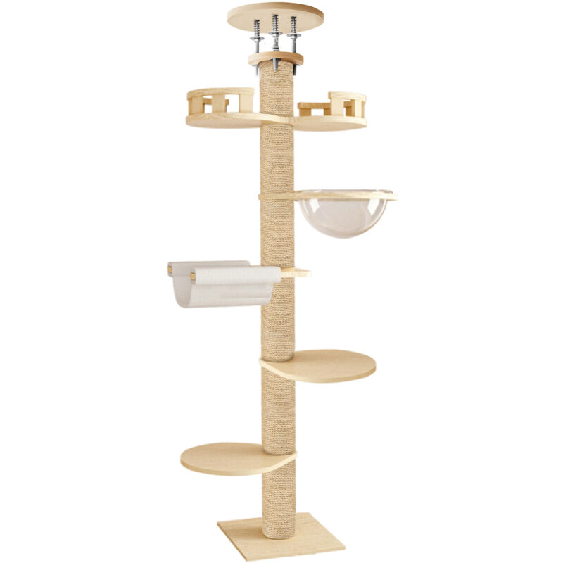 Flasidu - Arbre à chat, griffoir robuste en sisal épais, aire de jeu pour chats, hauteur réglable 295-315 cm, beige.