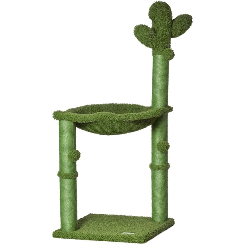Arbre à chat griffoirs design cactus - hamac, 3 jouets pompons suspendus - panneaux peluche sisal vert
