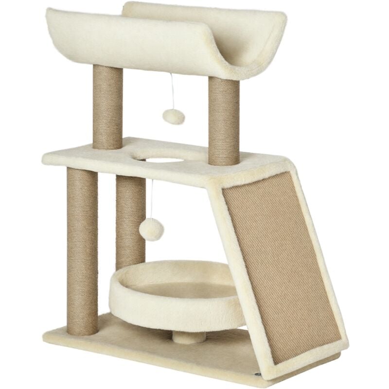 Arbre à chat griffoirs grattoir jeu boules suspendues plateformes ronde, rectangulaire et demi-cylindrique peluche jute naturelle beige
