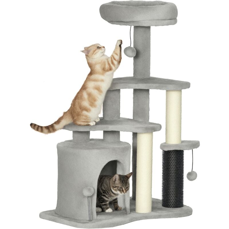 Arbre à chat H.87 cm 3 niv. - griffoirs, niche, bande massante, tour observation, boules - gris clair