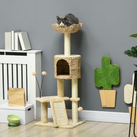 Arbre à chat hauteur 116 cm niche panier plateformes pompons en peluche et jacinthe d'eau - beige