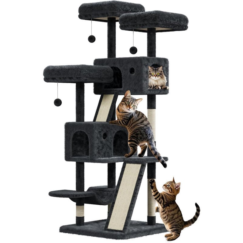 Arbre à Chat Hauteur 167cm,Tour de Jeux pour Chats,avec 5 Poteaux à Griffer,3 Plateformes,2 Niche,1 Hamac,3 Pompons,Multi-Niveaux