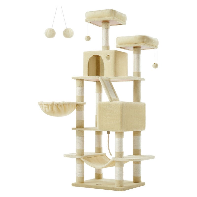 Arbre à Chat, Hauteur 168 cm, avec 13 Griffoirs, 2 Plate-forme, 2 Niches, Panier, Hamac, Pompon, Tissu Peluche, Multi-niveaux pour Chat d'Intérieur,