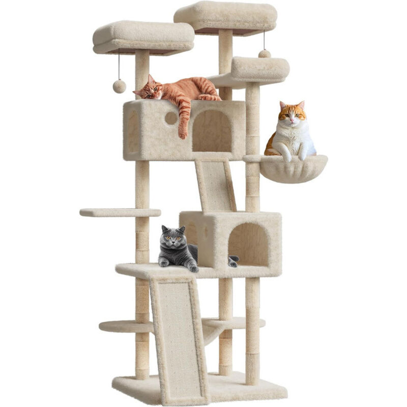 Arbre à Chat, Hauteur 174cm, 3 Plate-Forme, 2 Niches, Pompon, Tissu Peluche, Multi-Niveaux pour Chat d'Intérieur,Beige
