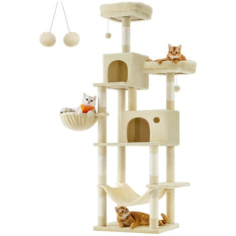 Arbre à Chat, Hauteur 199 cm, Grande Tour de Jeux, Housses de Plate-forme Amovibles, Multi-niveaux, avec Poteaux à Griffer, Large Niche, Hamac, pour Chats Domestiques, Beige
