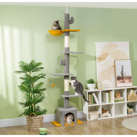 Arbre à chat. hauteur 275 cm. 6 niveaux pour chat d'intérieur. du sol au plafond. avec plate-formes. niche. gris clair