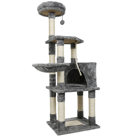 arbre à chat, hauteur de 135 cm griffoir + niche + colonne en sisal + jouet + panier, gris clair, multi niveaux 4840135cm