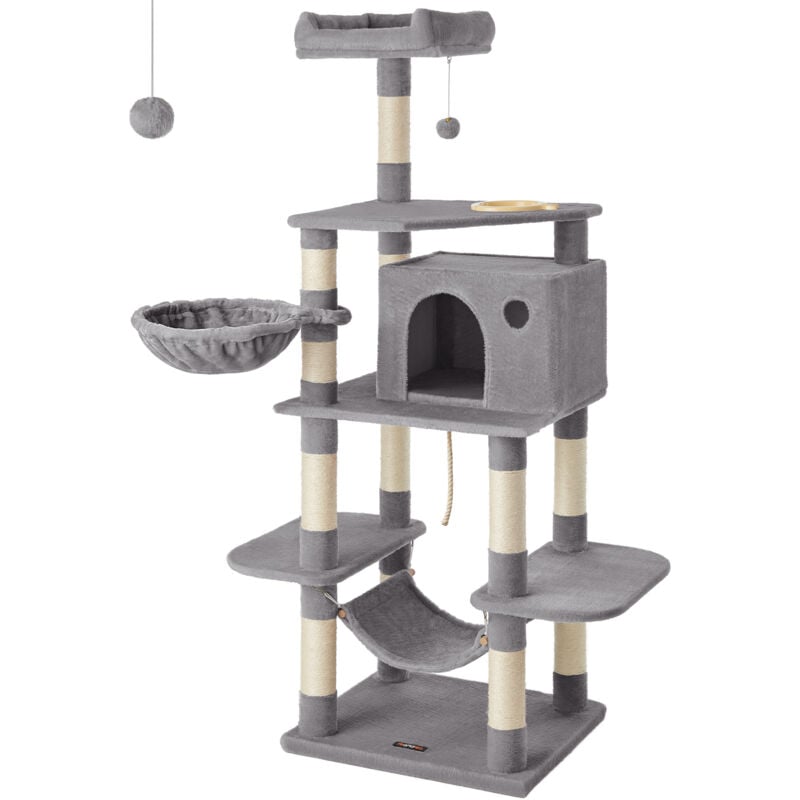 Feandrea Arbre à chat Hauteur de 164cm Multi-niveaux Avec bol, panier, niche Maison de jeu Meubles pour chatons, chats et félins, Grise claire