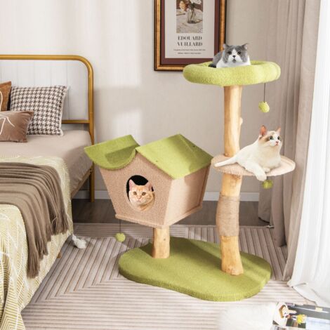 Arbre à chat Jouets pour chat 110 CM, Bois, Perchoir Rembourré, Condo, Balles Pendantes Vert CW71872