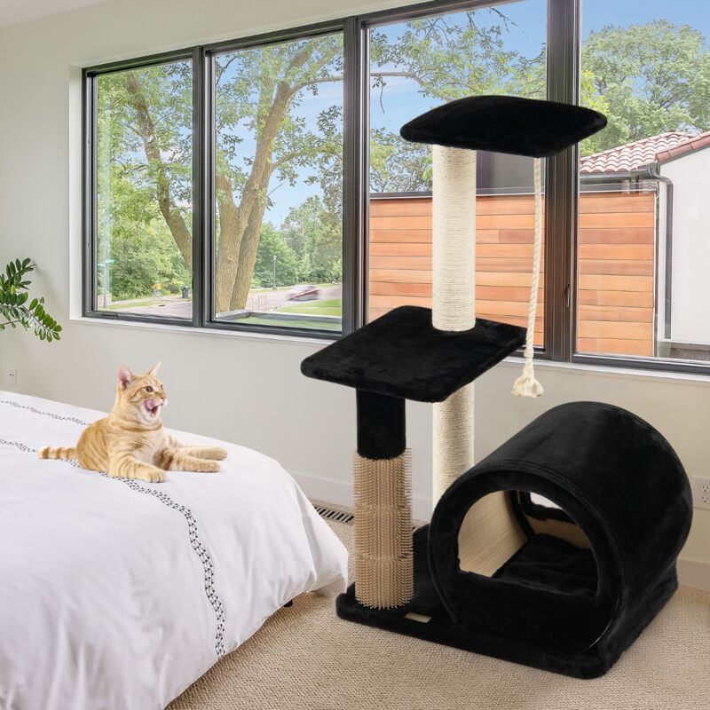 Arbre à chat Jouets pour chat 92CM 3 Niveaux Sisal et eva avec Condo et Corde Suspendue Noir CW36005