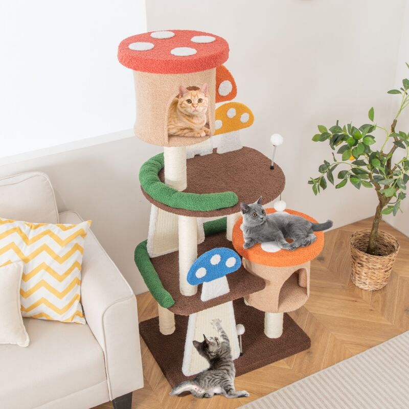 Arbre à chat Jouets pour chat Champignon avec 2 Condos et Balles Interactives CW81967