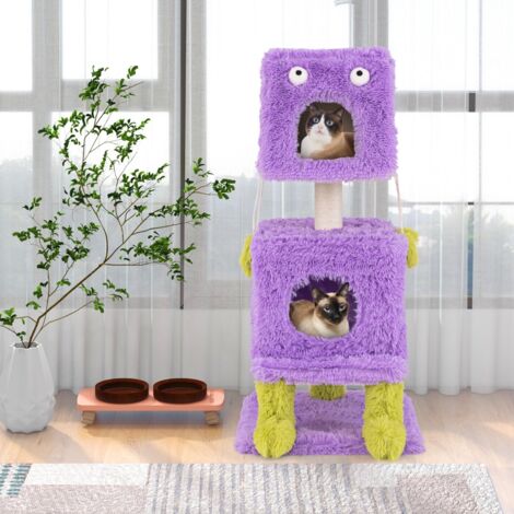 Arbre à chat Jouets pour chat Monstre avec 2 Condos Peluche Douce et Griffoirs Violet CW54488