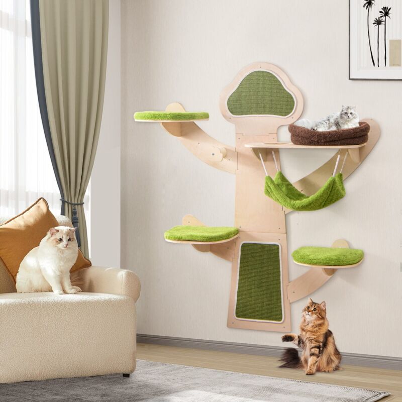 Arbre à chat Jouets pour chat Mural avec Lit Hamac et Griffoirs en Sisal, Coussins Lavables Vert CW41843