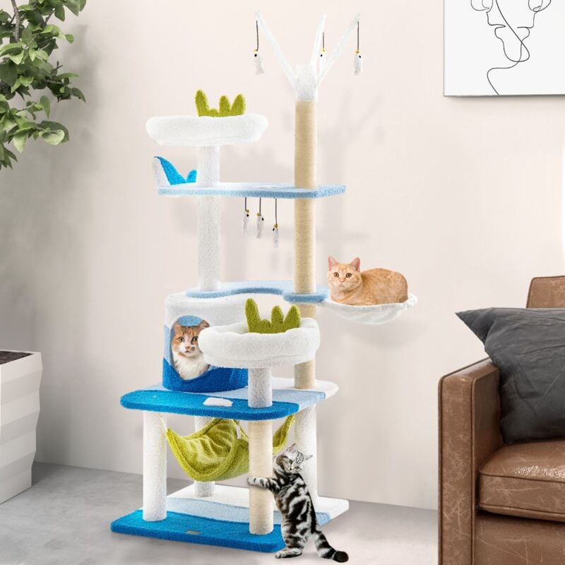 Arbre à chat Jouets pour chat Océan Tour Multi-niveaux avec Condo et Jouets Suspendus Bleu CW19816