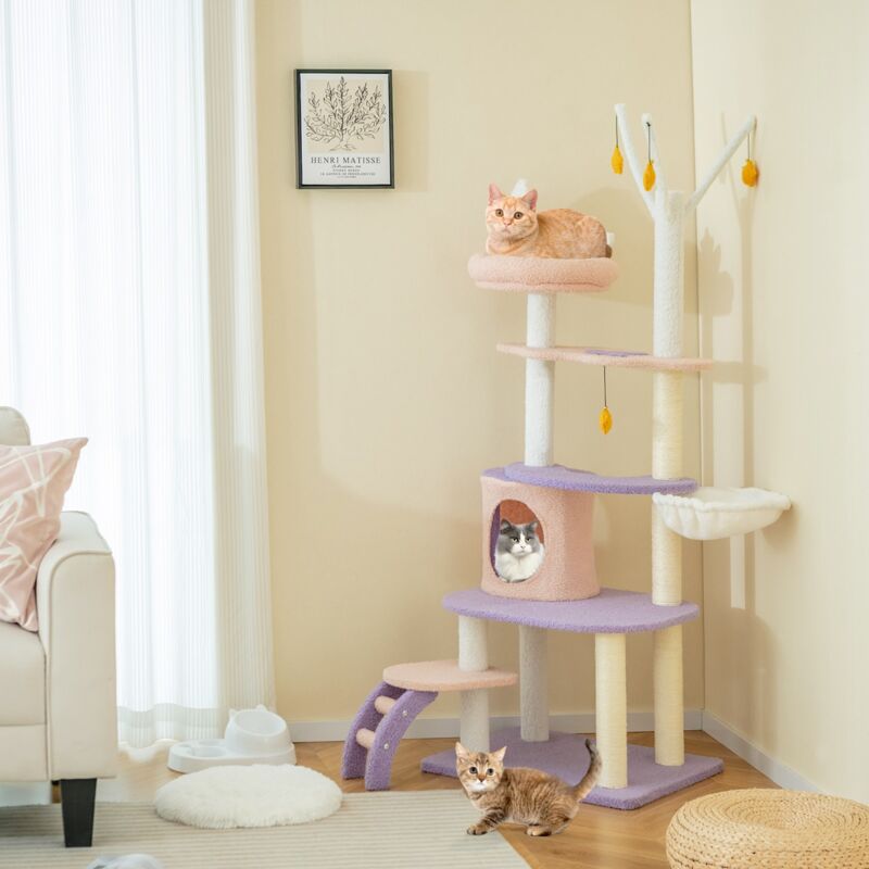 Arbre à chat Jouets pour chat Violet 158 cm avec Échelle, Griffoirs et Hamac Moelleux CW87155