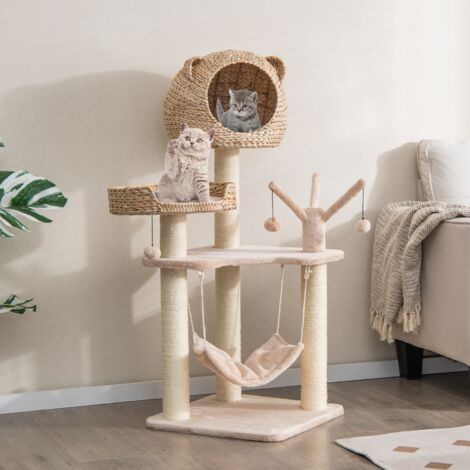 Maisonchic – Arbre à chat 121 cm – 5 niveaux avec hamac et 4 boules – Poteaux en sisal naturel – Structure robuste pour chats jusqu'à 15 kg - CW5260