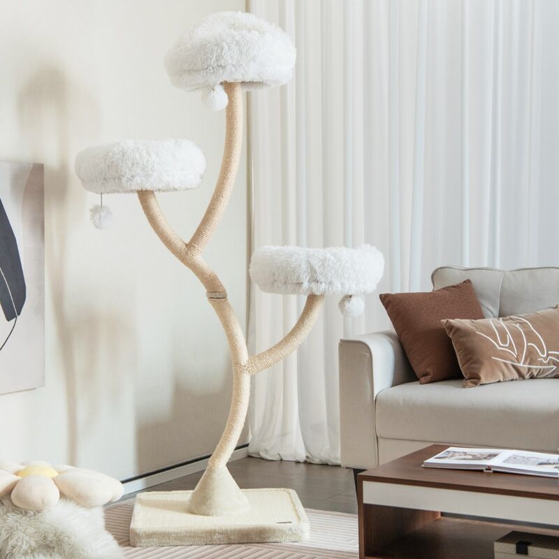 Arbre à chat, Maison à chat 178CM Cadre Métal Incurvé avec 3 Balles et Griffoir Beige CW5526 DESIGN IN