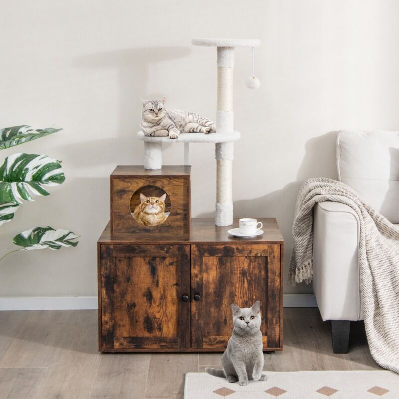 Arbre à chat, Maison à chat en Bois 132 cm avec Maison de Toilette et Griffoir en Sisal CW8082 design in